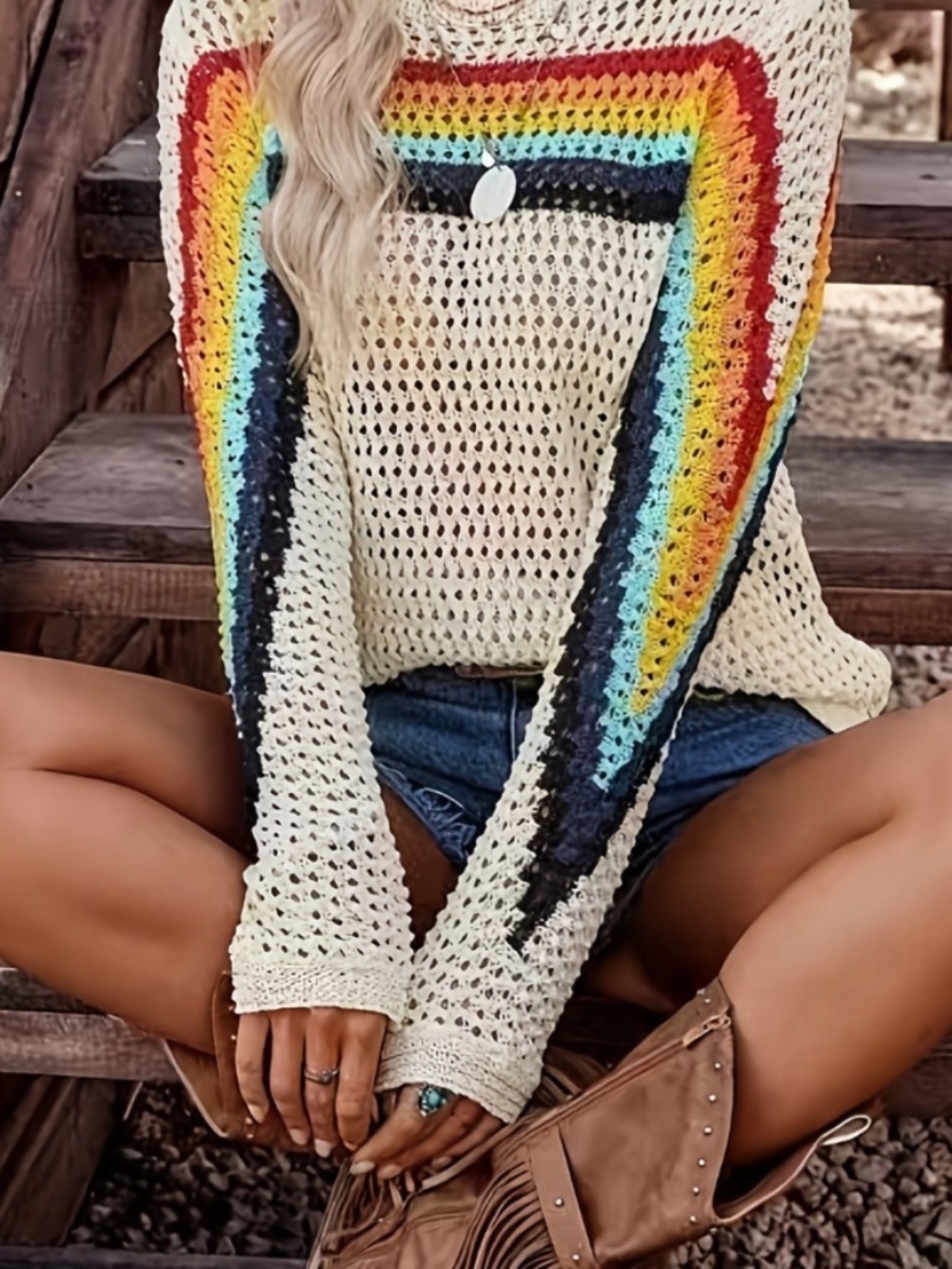 Cream Crochet Rainbow-Trim Swim Coverup